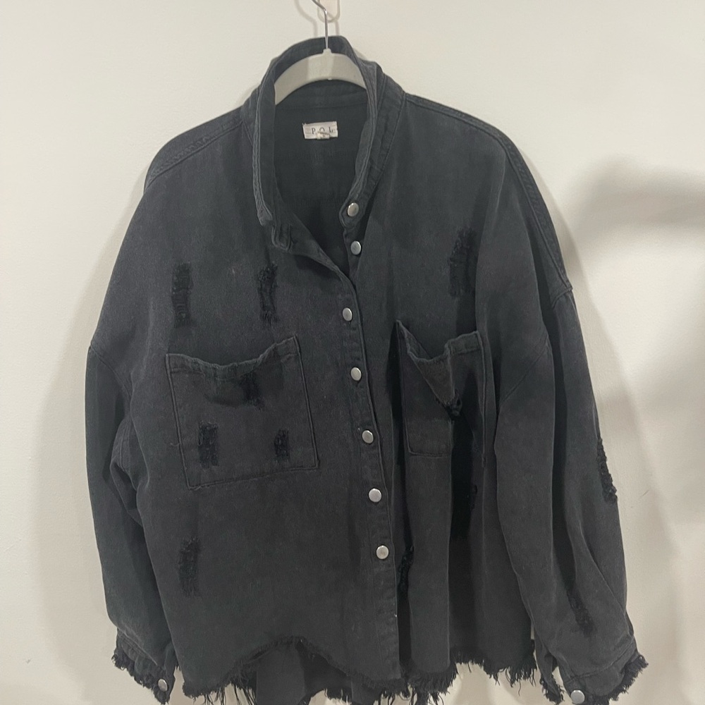 POL Charcoal Distressed Jean Jacket